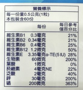 聖麗鋅營養標示